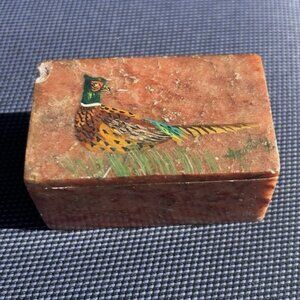 Vintage Small Stone Inlay Trinket Box Made in India Hand Carved with Pheasant